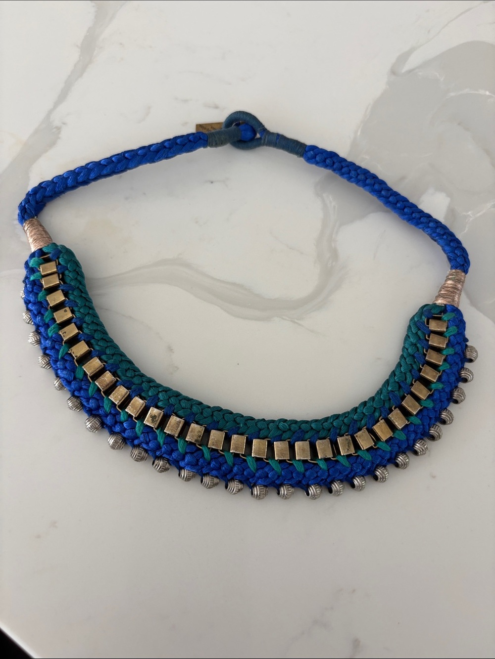 Maya Bazaar Blue Teal Handcrafted Statement Bib Collar Necklace statement